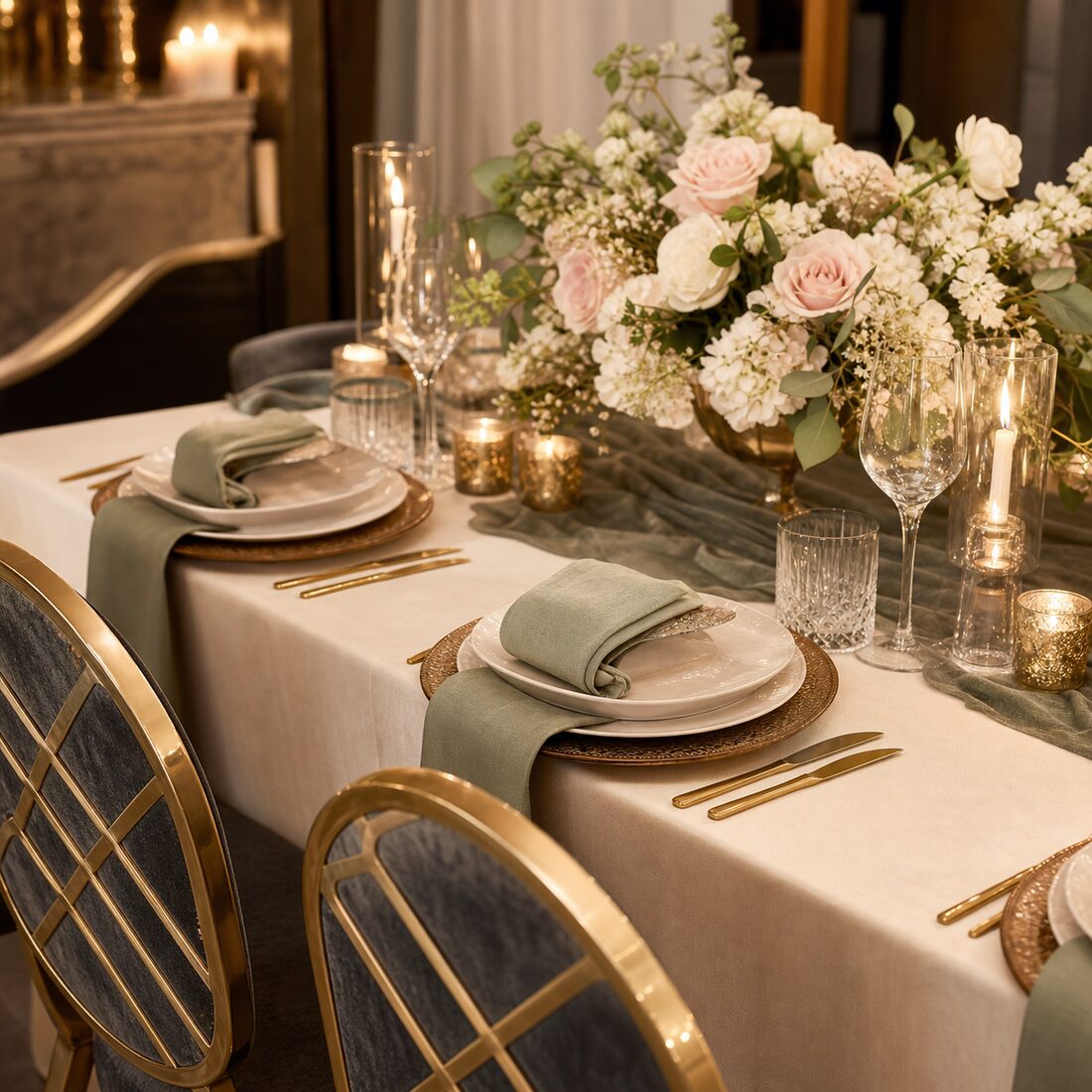 Elegant table decor with florals, candles and gold details